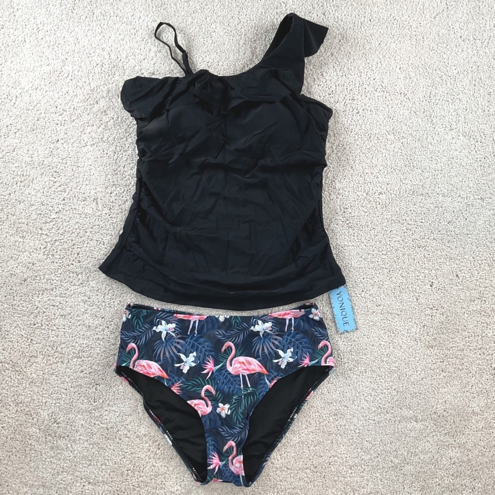 Yonique Womens Black One Shoulder Ruffle Tankini Flamingo High Waist Set Large